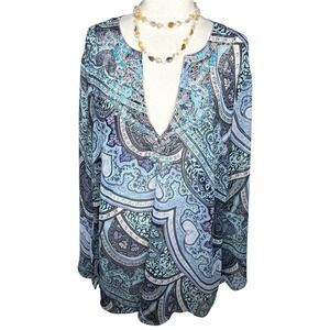 Lane Bryant Plus Blue Printed Sheer Beaded Blouse Top Tunic‎ Womens Size 18/20